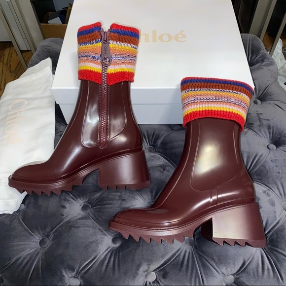 New Size 38 Chloe Betty Rain Boots Burgundy - Picture 3 of 6